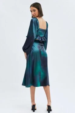 Green Print Midi Skirt High Waisted A-line Panelled Satin -Modern Fashion Shop sm0151x 36cb print 5