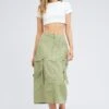 Green Cargo Skirt High Rise Elastic Two-way Midi Mini