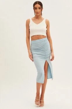 Blue Rib Front Slit Skinny Skirt -Modern Fashion Shop sm12430 f blue 3