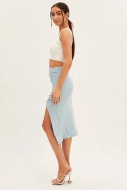 Blue Rib Front Slit Skinny Skirt -Modern Fashion Shop sm12430 f blue 4