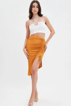 Beige Ruched Midi Skirt -Modern Fashion Shop sm12927 f3 camel 3