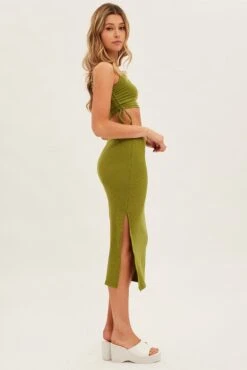 Green Midi Skirt Rib Jersey Side Slit Midi -Modern Fashion Shop sm1595x 84nb lime 4