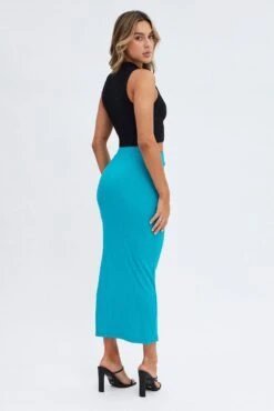 Green Midi Skirt High Rise Ribbed Jersey -Modern Fashion Shop sm17734 36pb jade 5