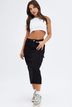 Black Denim Skirt Cargo Midi -Modern Fashion Shop sm2007a 33j black 3