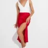 Red Slip Skirt Midi High Rise Satin