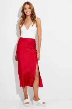 Red Slip Skirt Midi High Rise Satin -Modern Fashion Shop sm2408 47pb red 3