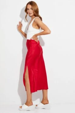 Red Slip Skirt Midi High Rise Satin -Modern Fashion Shop sm2408 47pb red 4