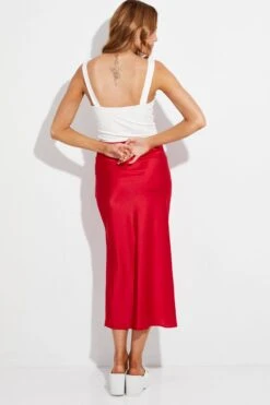 Red Slip Skirt Midi High Rise Satin -Modern Fashion Shop sm2408 47pb red 5