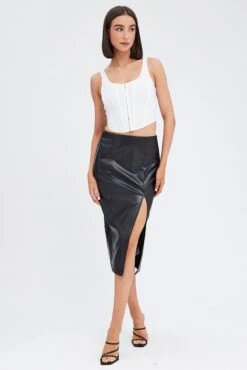 Black Midi Skirt Front Split Faux Leather -Modern Fashion Shop sm2563 33p black 3