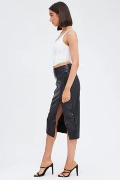 Black Midi Skirt Front Split Faux Leather -Modern Fashion Shop sm2563 33p black 4