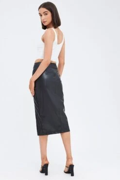 Black Midi Skirt Front Split Faux Leather -Modern Fashion Shop sm2563 33p black 5