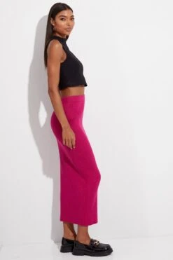 Pink Knit Skirt Midi High Rise -Modern Fashion Shop sm2877 40p hot pink 4
