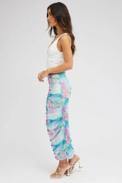 Multi Abstract Midi Skirt Side Ruched Mesh -Modern Fashion Shop sm2937 47pb abstract 4