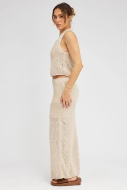 Beige Knit Skirt Midi Crochet -Modern Fashion Shop sm3048x 40p beige 4
