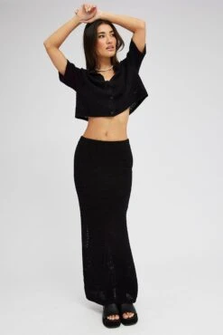 Black Knit Skirt Midi Crochet -Modern Fashion Shop sm3102x 40p black 3