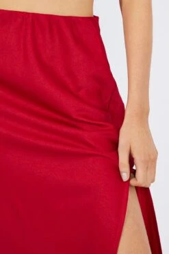 Red Slip Skirt Front Split Satin -Modern Fashion Shop sm3578 47pk red 6