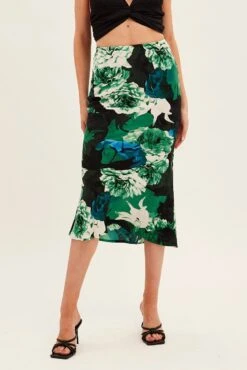 Green Floral Slip Skirt Midi Floral Satin -Modern Fashion Shop sm9223b 47m floral 2