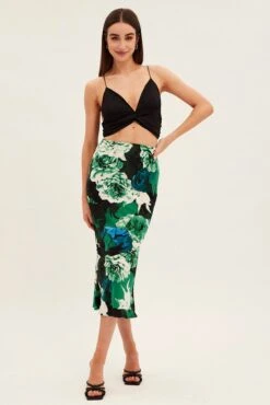 Green Floral Slip Skirt Midi Floral Satin -Modern Fashion Shop sm9223b 47m floral 3