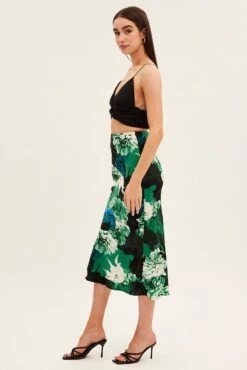 Green Floral Slip Skirt Midi Floral Satin -Modern Fashion Shop sm9223b 47m floral 4