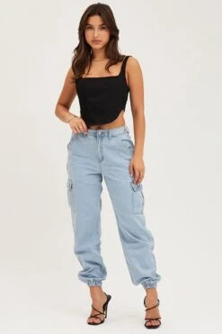 Blue Cargo Jeans High Rise Denim -Modern Fashion Shop straight jean blue cargo jeans high rise denim 32967373357249