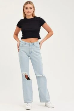 Blue Straight Denim Jeans Mid Rise -Modern Fashion Shop straight jean blue straight denim jeans mid rise 32967359037633