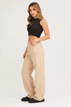 Beige Wide Leg Denim Jeans High Rise -Modern Fashion Shop straight jean camel wide leg denim jeans high rise 32965612470465