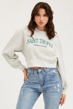 Grey Graphic Sweater Semi Crop -Modern Fashion Shop sweater grey graphic sweater semi crop 32967459438785