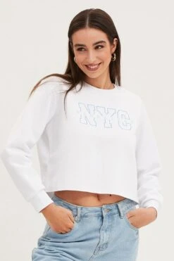 White Crop Sweatshirts Embroided -Modern Fashion Shop sweater white crop sweatshirts embroided 32966094258369