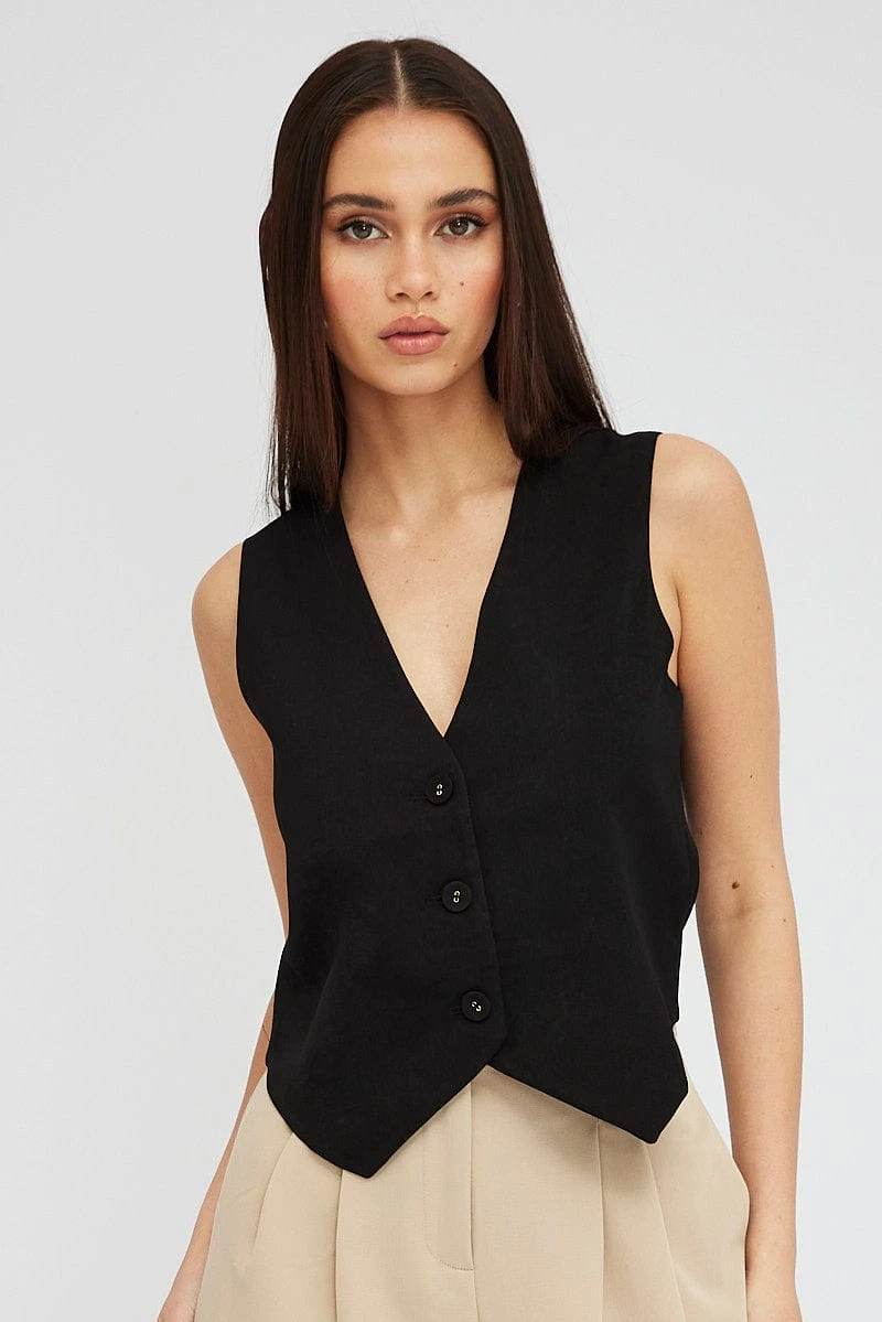 Black Top Waistcost Sleeveless V Neck Button Up Relaxed 5 Black Top Waistcost Sleeveless V Neck Button Up Relaxed - Image 3
