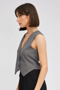 Grey Top Waistcost Sleeveless V Neck Button Up Relaxed -Modern Fashion Shop wc0091 34wb charcoal 4
