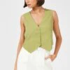 Green Top Waistcost Sleeveless V Neck Button Up Relaxed