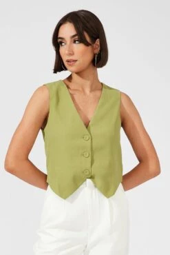 Green Top Waistcost Sleeveless V Neck Button Up Relaxed -Modern Fashion Shop wc0091 34wb sage 3