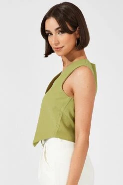 Green Top Waistcost Sleeveless V Neck Button Up Relaxed -Modern Fashion Shop wc0091 34wb sage 4