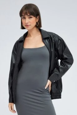 Black Faux Leather Jacket Long Sleeve -Modern Fashion Shop wc1655 33wb black 3