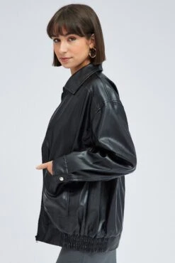 Black Faux Leather Jacket Long Sleeve -Modern Fashion Shop wc1655 33wb black 4