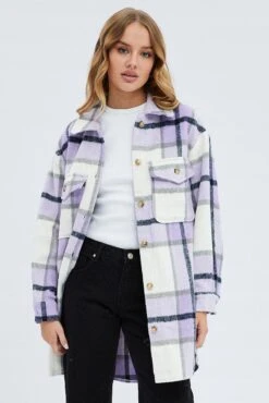 Purple Check Long Checked Print Jacket Long Sleeves -Modern Fashion Shop wcc8248ca 36wb check 3
