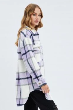 Purple Check Long Checked Print Jacket Long Sleeves -Modern Fashion Shop wcc8248ca 36wb check 4